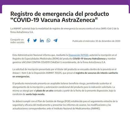 El documento de la Anmat sobre el registro de la vacuna de Oxford