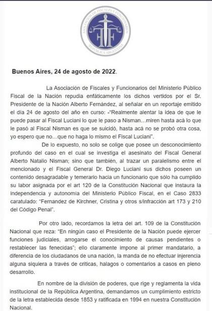 El documento de la Asociación de FIscales en rechazo a las críticas de Fernández en TV.