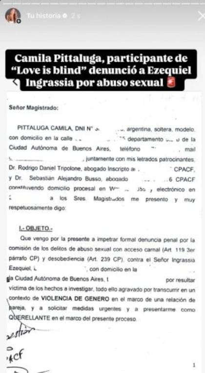 El documento de la denuncia que Camila Pittaluga hizo contra Ezequiel Ingrassia