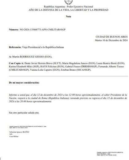 El documento en el GDE donde se oficializa el viaje del Presidente