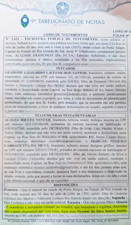 El documento en el que Neymar es el único heredero