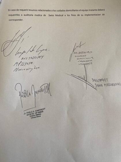 El documento firmado por el neurocirujano Leopoldo Luque y dos de las hijas de Maradona previo al egreso del exfutbolista de la Clínica Olivos, tras su operación