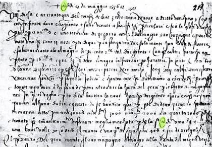 El documento firmado por Francesco Lapi y fechado el 4 de mayo de 1536; en el mismo se usa la @ para indicar la fecha, y también para determinar una unidad de medida ("una @ de vino, que es un 1/13 de barril")