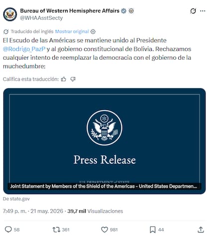 El documento fue compartido a través de la cuenta oficial de la Oficina de Asuntos del Hemisferio Occidental que depende del Departamento de Estado norteamericano
