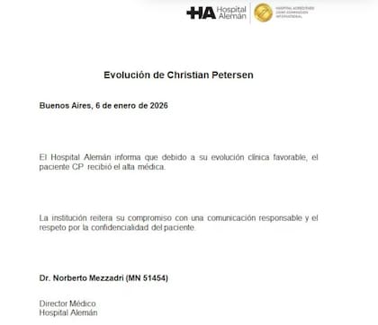 El documento que evidencia el alta médica de Christian Petersen.