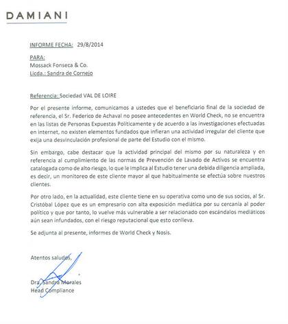 El documento que indica que De Achaval es el beneficiario final de Val de Loire