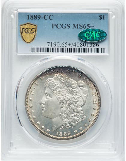 El dólar Morgan de 1889 recibió la calificación de MS65+ por el Servicio Profesional de Calificación de Monedas