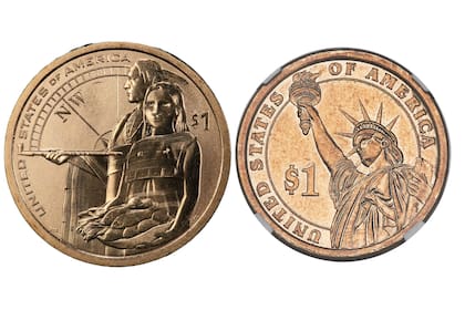 El dólar Sacagawea debía tener en su reverso la imagen de dos nativos americanos con un costal de pescados. Sin embargo, presenta la imagen de la estatua de la Libertad