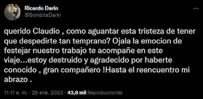 El dolor de Ricardo Darín tras la muerte de Claudio Da Passano (Foto: Twitter @BombitaDarin)