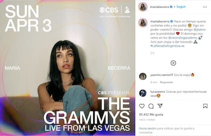 "El domingo nos vemo' en los Grammys", anunció María Becerra en las redes sociales (Foto: Instagram @mariabecerra)