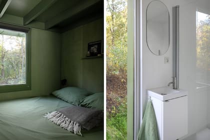 El dormitorio retoma el tono verde del bosque, integrándose visualmente con el entorno a través de la ventana. En el baño, se optimizó cada metro cuadrado.