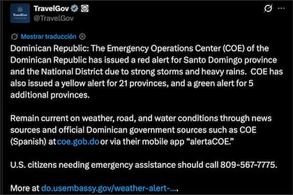 El DOS de Estados Unidos advirtió a los turistas sobre las alertas por tormentas emitidas por el COE de República Dominicana