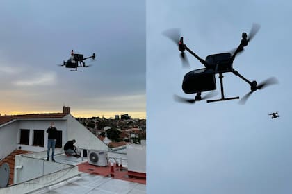 El dron para trasplante de órganos diseñado por la firma argentina H+Trace en una de sus pruebas locales