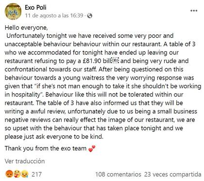 El dueño del restaurante Exo Poli reveló la desagradable situación que vivió con unos clientes.