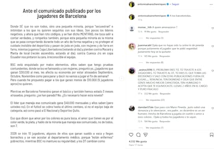 El duro comunicado que posteó Antonio Álvarez, presidente de Barcelona de Ecuador, contra sus jugadores, poco antes de que se conociera la noticia del asesinato del futbolista Mario Pineida