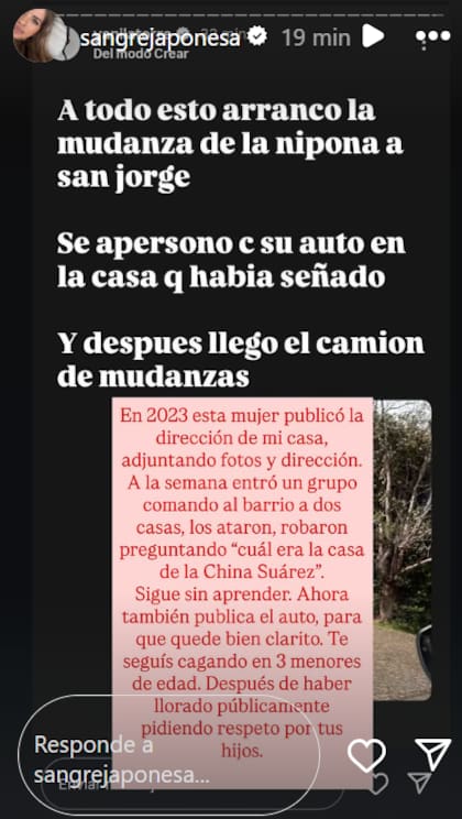 El duro descargo de la China Suárez contra Yanina Latorre (Foto: Captura Instagram)