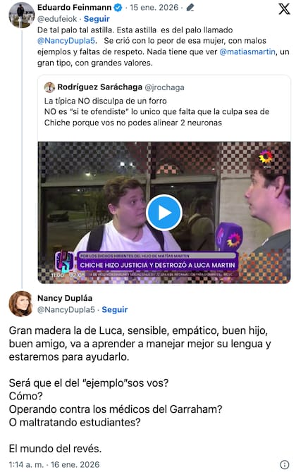 El duro intercambio en redes entre Feinnman y Dupláa