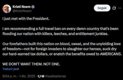 El duro mensaje contra los extranjeros que publicó Kristi Noem