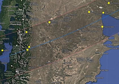 El eclipse anular será observable entre las líneas rojas. La línea azul indica los lugares donde la anularidad durará más: fuera de esa zona el eclipse se verá parcial (gentileza Grupo Osiris)