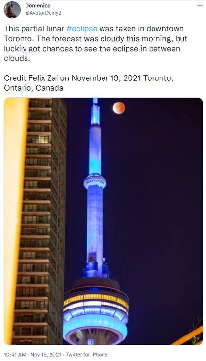El eclipse lunar parcial fue visible en ciudades americanas como Toronto, en Canadá