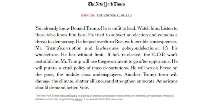 El editorial de The New York Times, que se pronunció en contra de Donald Trump