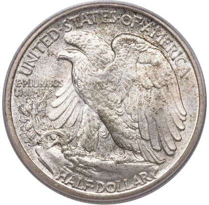 El ejemplar cuenta con la figura de un águila calva posada sobre una roca