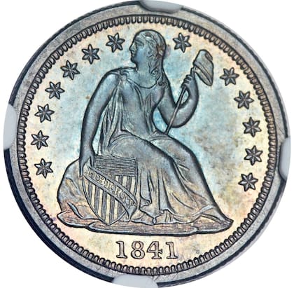 El ejemplar valioso fue acuñado en 1841 y representa a la serie de Seated Liberty, donde se ve la imagen de la Libertad sentada en su anverso