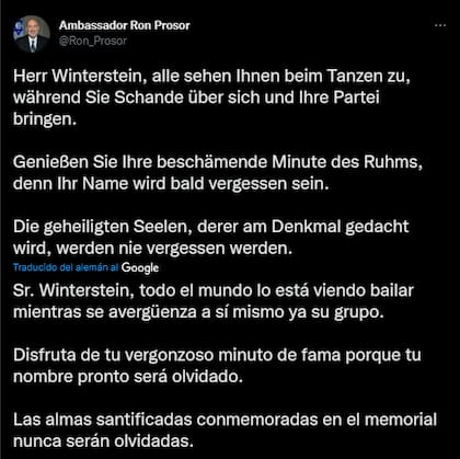 El embajador de Israel en Alemania, Ron Prosor, condenó la foto del político de ultraderecha Holger Winterstein