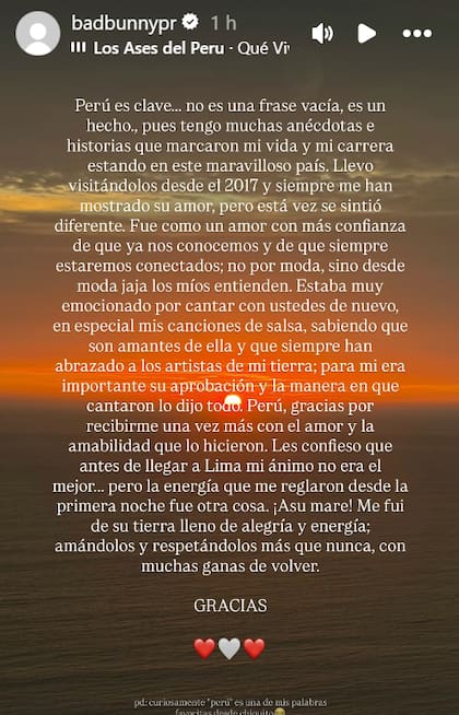 El emotivo mensaje de Bad Bunny hacia el pueblo de Perú