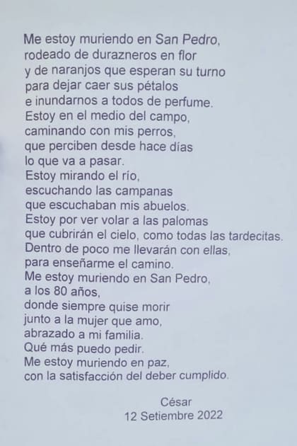 El emotivo mensaje que César Mascetti escribió veintidós días antes de morir.
