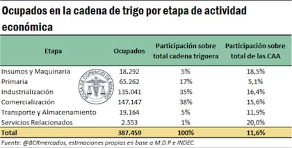 El empleo en la cadena de trigo por etapa de actividad económica