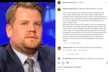 El empresario gastronómico que acusó a James Corden le dedicó otro post