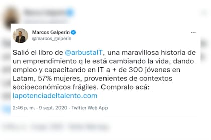 El empresario recomendó el libro (Captura Twitter @marcos_galperin)