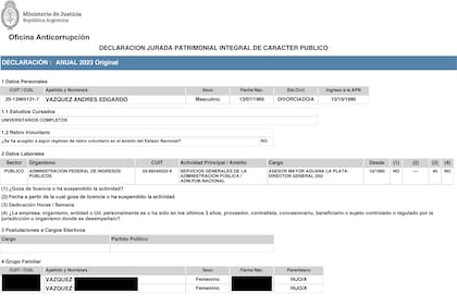 El encabezado de la declaración jurada de Andrés Vázquez, jefe de la DGI