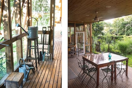 El encuentro con la naturaleza se exhibe desde el interior. La galería se abre y el verde se respira en el interior. En el interior del invernadero hay viejas regaderas de zinc y herramientas que estuvieron en la familia y pasaron de generación en generación.