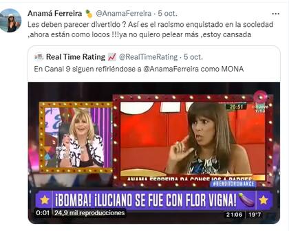 El enojo de Anamá Ferreira por aparecer en un informe (Foto: Captura Twitter/@AnamaFerreira)