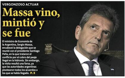 El enojo de Paraguay con Massa, en la portada del diario La Nación de Paraguay