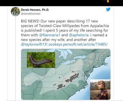 El entomólogo mostró su alegría en Twitter, tras publicarse el documento que daba precisiones sobre el descubrimiento de los 17 milpies.