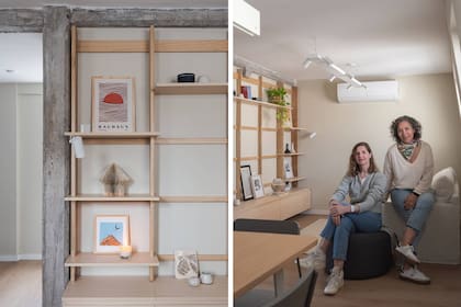 El equipo formado por Fontana (der.) y Parra, en el estar, cuyas divisiones decidieron demoler para llegar a un espacio social abierto. Antes embebida en la mampostería, ahora la viga de hormigón enfatiza el espacio unificado.