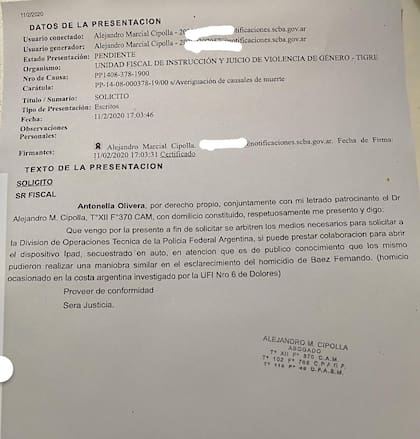 El escrito donde Alejandro Cipolla solicita la colaboración de la Policía Federal Argentina para que se desbloquee el iPad de Natacha Jaiit