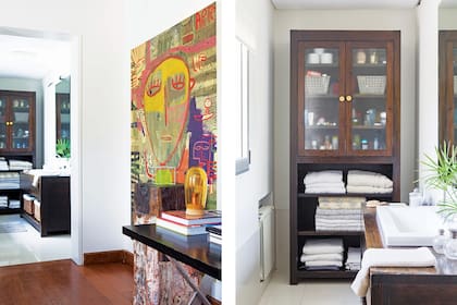 El espacio de bacha y guardado está dividido de la zona de la bañera y box de ducha.