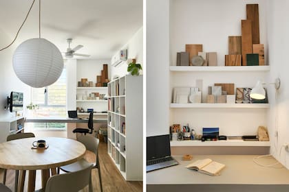 El espacio de trabajo de María está listo para desplegar planos, y tiene excelente luz natural en la sección de la mesa a medida que cruza la ventana.