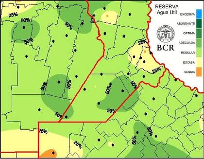 El estado de las reservas de agua: aunque en un 90 % de la región núcleo están entre regulares o adecuadas, persisten zonas del sudoeste y alrededores de Rosario con niveles escasos