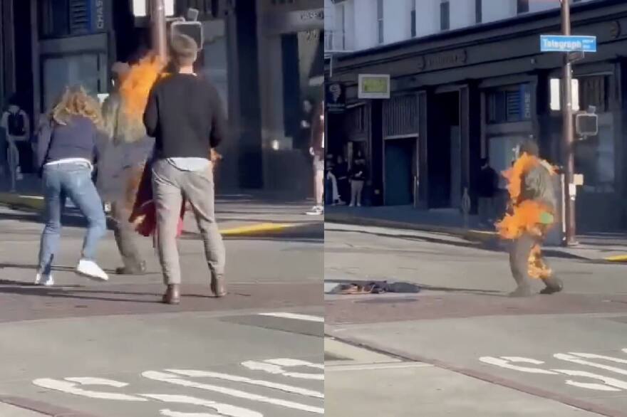 Hombre con extintor de incendios cerca del coche en llama al aire