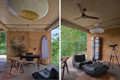 El estar-estudio combina materiales naturales, arte y vistas directas a la selva.
