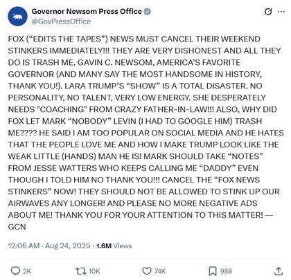 El estilo de publicaciones de Newsom pasó a contar con escritos en mayúsculas y una tonalidad más mordaz, similar al estilo de Donald Trump