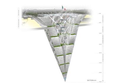 El estudio de arquitectura BNKR ha diseñado una enorme pirámide invertida de 300 metros de profundidad, denominada Rascasuelos