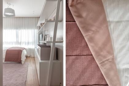 El Estudio diseñó un pie de cama bifaz en pana y bambula rosa Dior (De Levie). La biblioteca es idéntica a la de su hermano, pero laqueado en blanco.