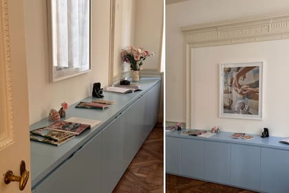 El estudio fotográfico de Magalí Polverino linda con la carpa rosa. Se separó ambos cuartos con un durloc y se diseñó un mueble a medida que confeccionó Elyeite.  