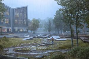 El estudio nórdico Link Arkitektur diseñó una escuela en Torslanda, Suecia, en donde la lluvia que cae por más de un tercio del año es vista como una oportunidad de aprendizaje.